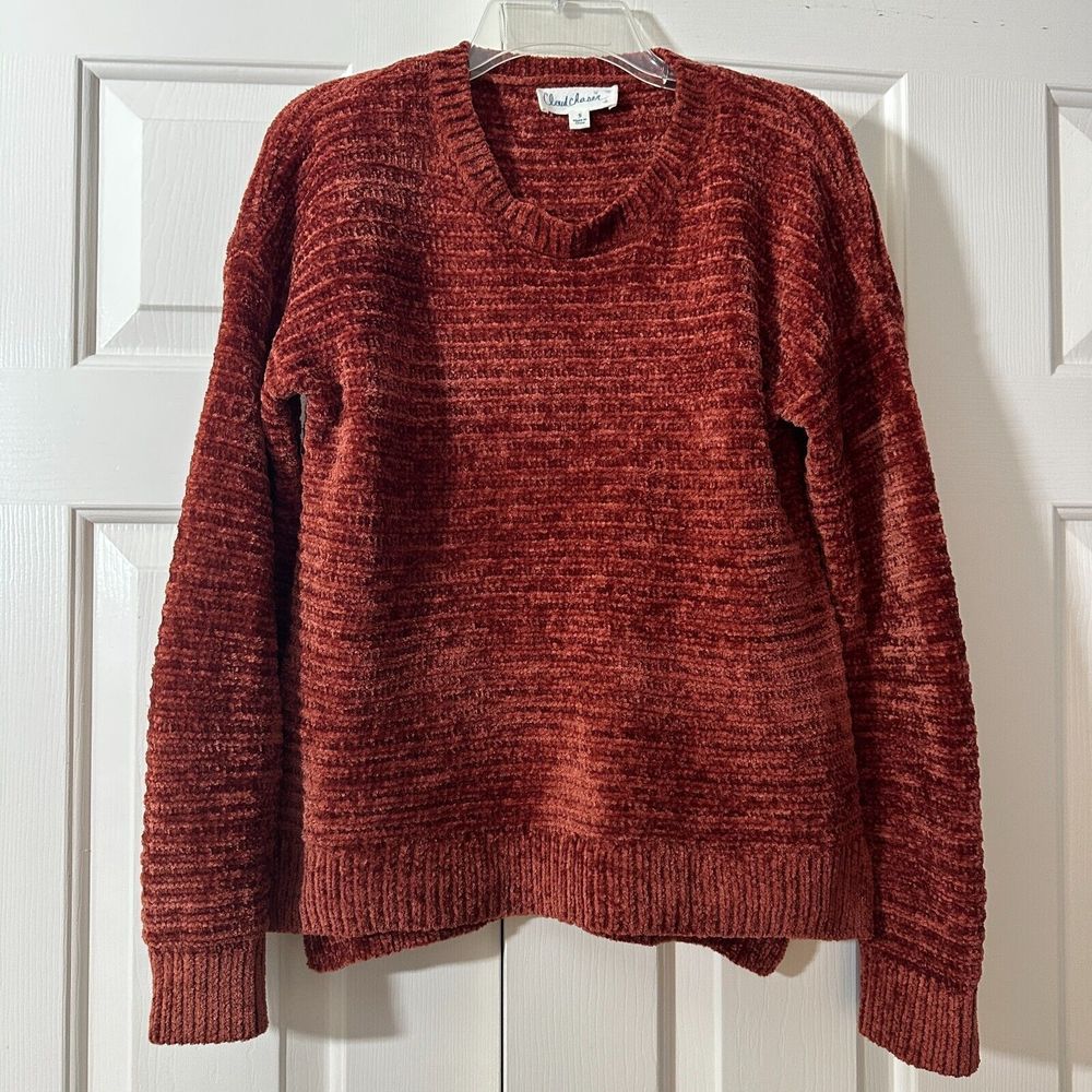 CloudChaser Women's Velvet Ribbed SuperSoft Orange Sweater Round Neck Size Small
